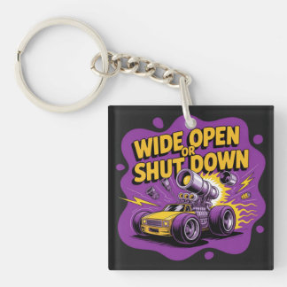 ワイドオープンorシャットダウン 面白いドラッグレースカーTシャツ キーホルダー
