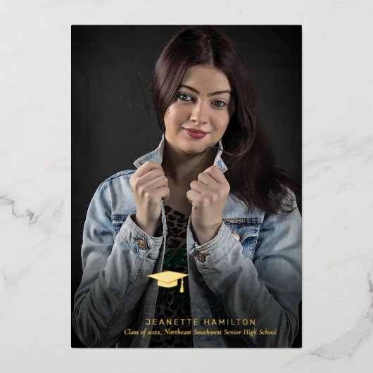 ワイドタイポグラフィスクリプトフロント/バックフォト卒業 箔招待状 (正面)