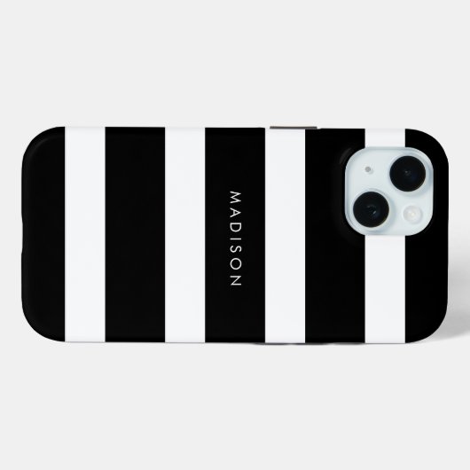 ワイドモダンブラックとホワイトのストライプ名前Monongram Case-Mate iPhoneケース (裏面 (横))