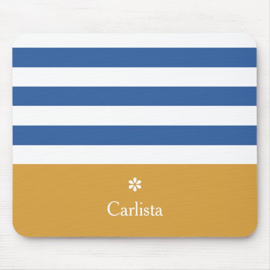 ワイド・ブルー水平ストライプ金ゴールド名とデイジー マウスパッド (正面)