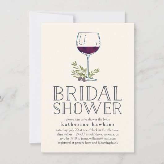 ワイナリーまたはワインテイスティングブライダルシャワーの招待 招待状 (正面)