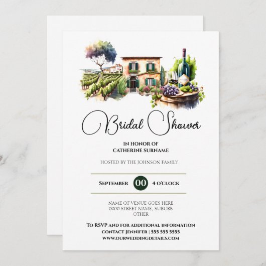 ワイナリーウォーターカラーワインファームブドウ園ブライダルシャワー 招待状 (正面/裏面)