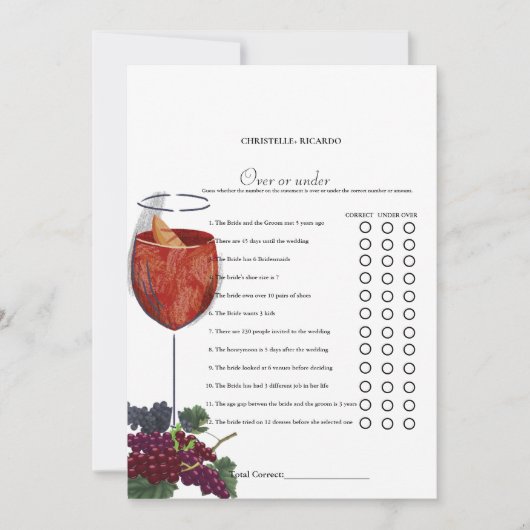 ワイナリーゲームカードの上または下ブライダルシャワー 案内状 (正面)