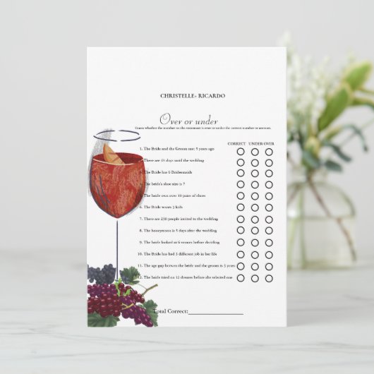 ワイナリーゲームカードの上または下ブライダルシャワー 案内状 (スタンド正面)