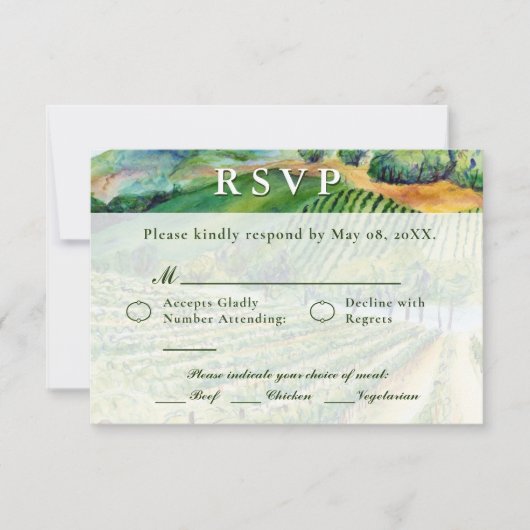ワイナリーヴィネヤードウェディングRSVPカスタムワインカード 招待状 (正面)