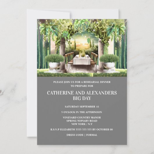 ワイナリー夏の夜のダイニングブドウのストリングライト 招待状 (正面)