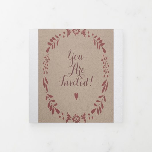 ワイナリー深いブルガンディーレッドフローラ結婚リース 三つ折り招待状 (カバー)