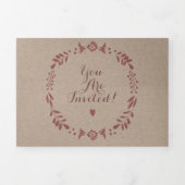 ワイナリー深いブルガンディーレッドフローラ結婚リース 三つ折り招待状 (カバー)