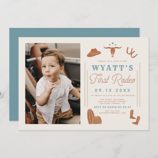 ワイノナバーンドオレンジブルーカウボーイ1stロデオ誕生日 招待状 (正面/裏面)