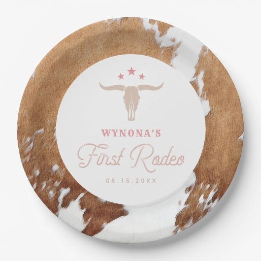 ワイノナピンク女性のカーボーイファーストロデオバースデーパーティー ペーパープレート (正面)