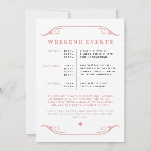 ワイノナ赤面ピンクラストロデオ女性のカーボーイバチェロレッテ 招待状 (裏面)