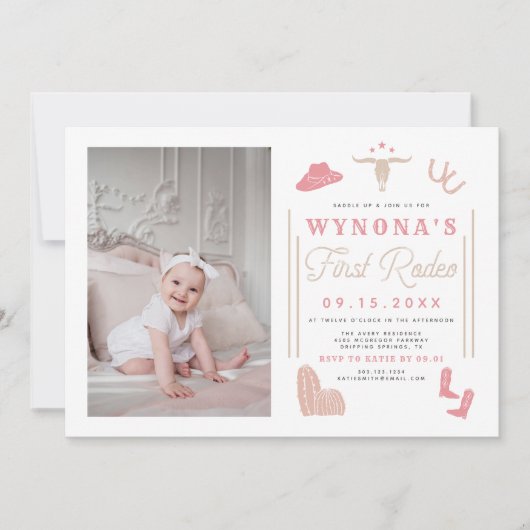 ワイノナ赤面ピンク1stロデオ女性のカーボーイ誕生日 招待状 (正面)