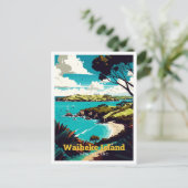 ワイヘキアイランドNZトラベルアートヴィンテージイラストレーション ポストカード (スタンド正面)