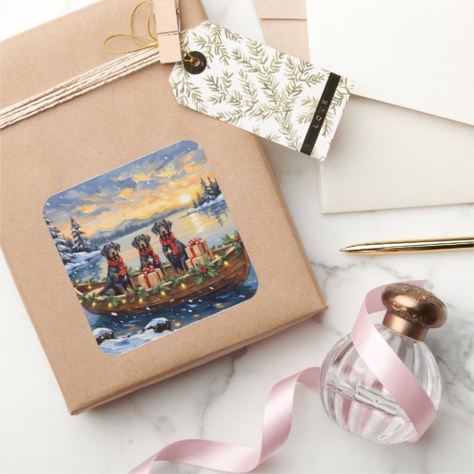 ワイマラナーと一緒にクリスマスをボートで過ごす スクエアシール (ギフト)