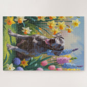 ワイマラナー犬と春の花の絵画 ジグソーパズル (横)