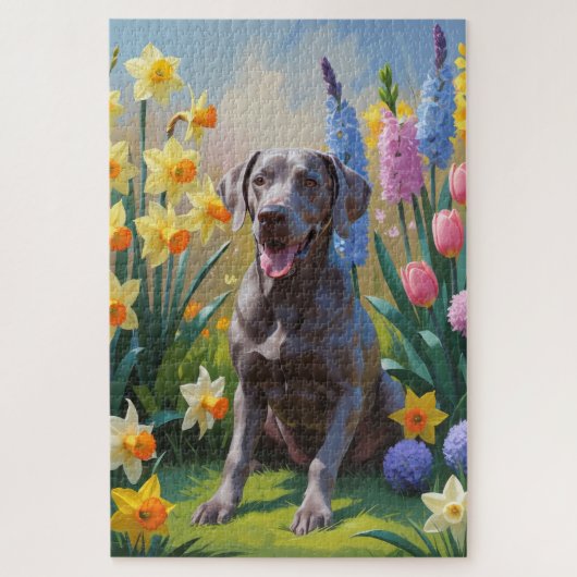 ワイマラナー犬と春の花の絵画 ジグソーパズル (縦)