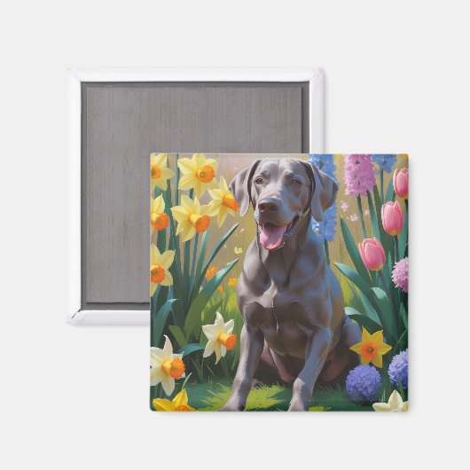 ワイマラナー犬と春の花の絵画 マグネット (正面/裏面)