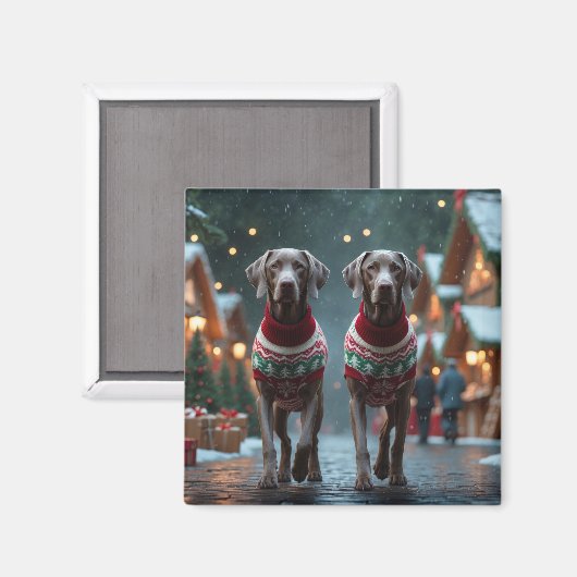 ワイマラナー犬のクリスマス雪の休日 マグネット (正面/裏面)