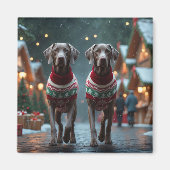 ワイマラナー犬のクリスマス雪の休日 マグネット (正面)