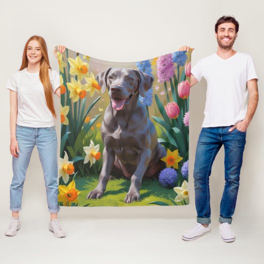ワイマラナー犬の春の花の絵画 フリースブランケット (インサイチュ)