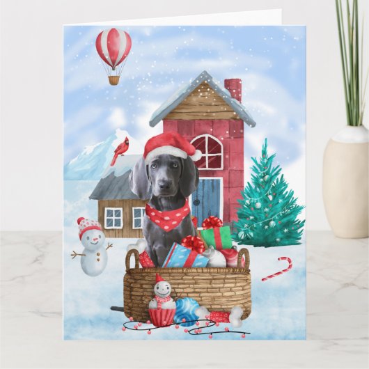 ワイマラナー犬の雪のクリスマス ドッグハウス カード (正面)