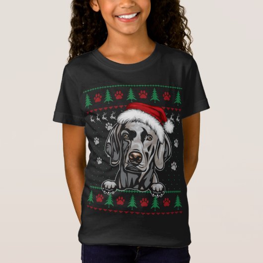 ワイマランクリスマス醜いセーターおもしろい犬恋人 Tシャツ (正面)
