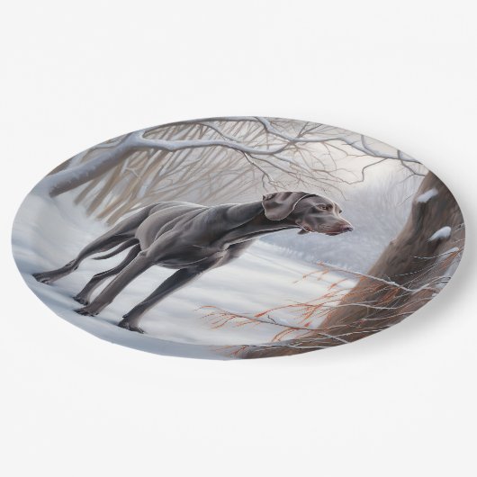 ワイマラーは雪のクリスマスを手放した ペーパープレート (アングル)