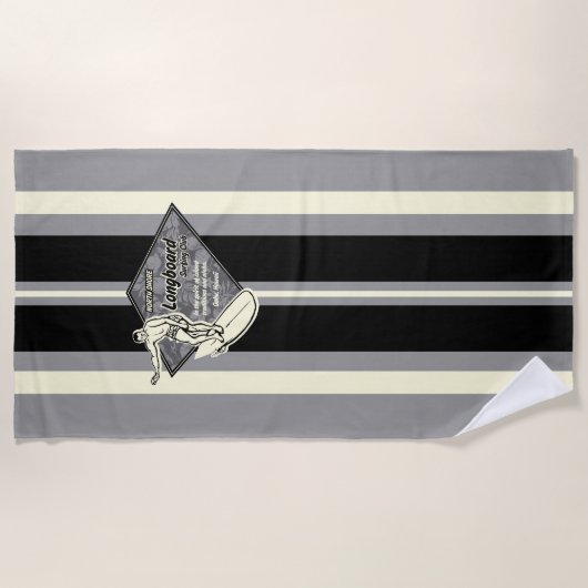 ワイミアサストライプのーフボードハワイアンサーファー-グレー ビーチタオル (正面)