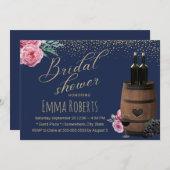 ワイモダンンバレルネイビー金ゴールドフローラブライダルシャワー 招待状 (正面/裏面)