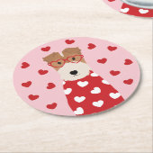 ワイヤキツネテリアドッグハートグラスピンクレッド ラウンドペーパーコースター (アングル)