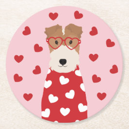 ワイヤキツネテリアドッグハートグラスピンクレッド ラウンドペーパーコースター