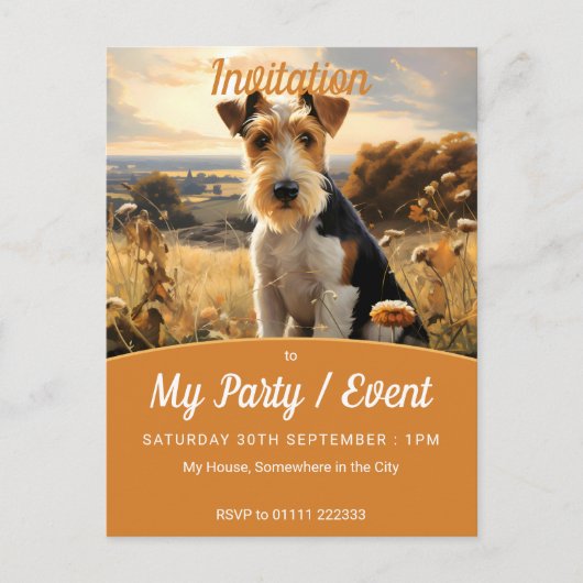 ワイヤヘアキツネテリアイン秋の田舎 インビテーションポストカード (正面)