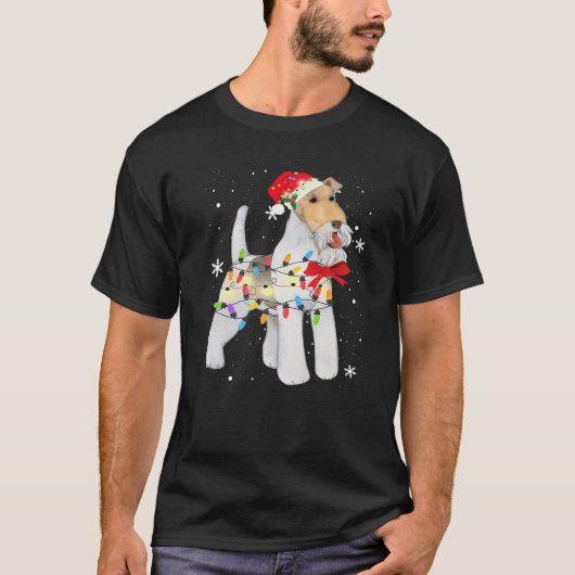 ワイヤヘアキツネテリアドッグクリスマスライト光クリスマスママ Tシャツ (正面)