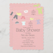 ワイヤベビーシャワー招待状上の鳥と衣服 招待状 (正面/裏面)