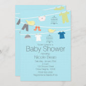 ワイヤベビーシャワー招待状上の鳥と衣服 招待状 (正面/裏面)