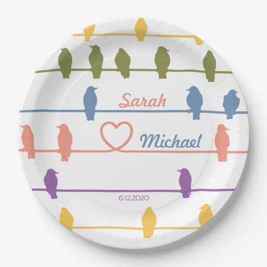 ワイヤーに鳥たち。ロマンティックな彩りを添えて。春の色たち！ ペーパープレート (正面)