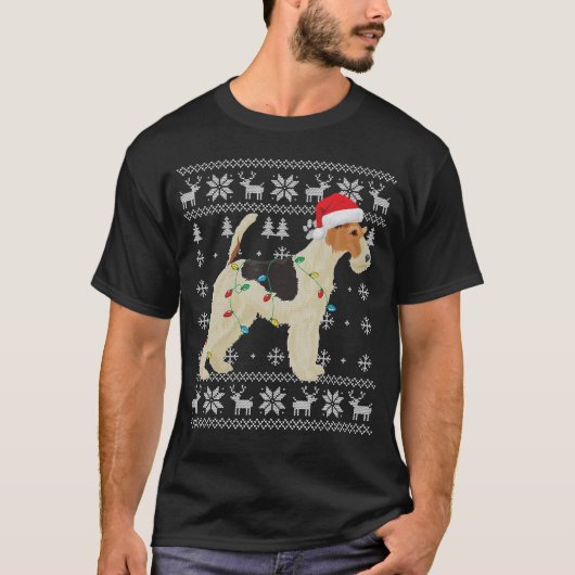ワイヤーキツネテリアクリスマスライトサンタハット Tシャツ (正面)