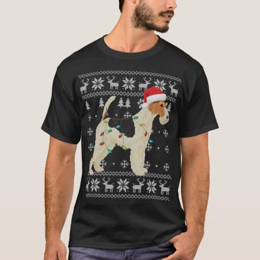 ワイヤーキツネテリアクリスマス醜いライトサンタハットD Tシャツ (正面)