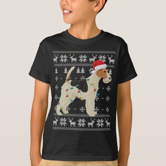 ワイヤーキツネテリアクリスマス醜いライトサンタハットD Tシャツ (正面)