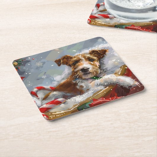 ワイヤーキツネテリアドッグクリスマスフェスティバル スクエアペーパーコースター (アングル)