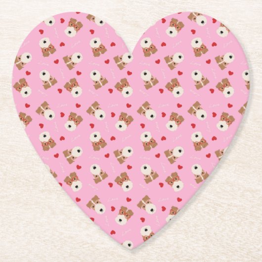 ワイヤーキツネテリアドッグハートグラスパターンピンク ペーパーコースター (正面)