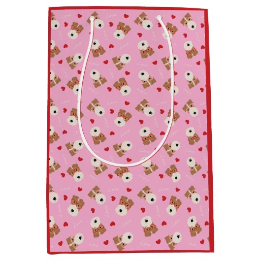 ワイヤーキツネテリアドッグハートグラスパターンピンク ミディアムペーパーバッグ (正面)