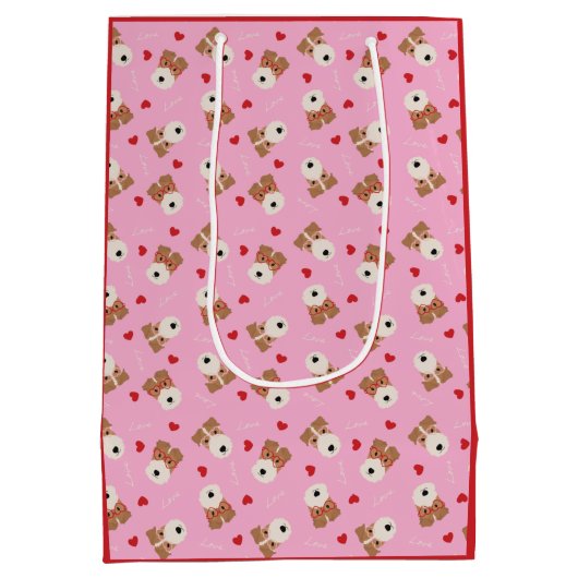 ワイヤーキツネテリアドッグハートグラスパターンピンク ミディアムペーパーバッグ (裏面)