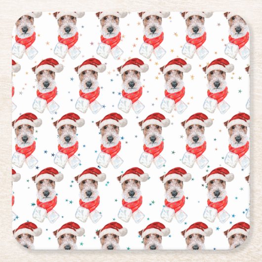 ワイヤーキツネテリアドッグブリードクリスマススターズ スクエアペーパーコースター (正面)