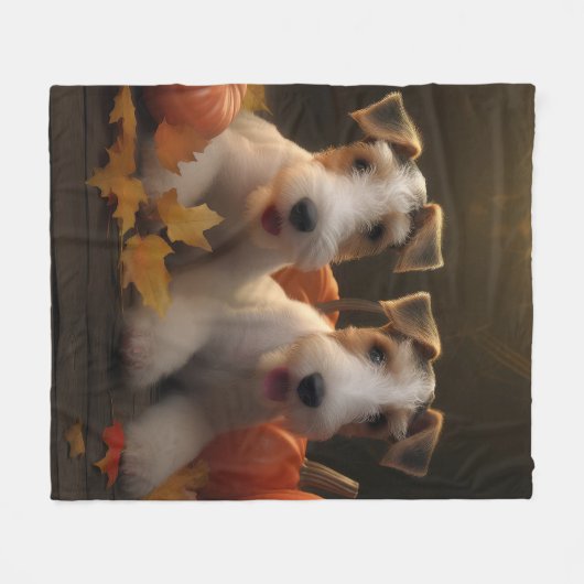 ワイヤーキツネテリアパピーオータムデライトカボチャ フリースブランケット (正面(横))
