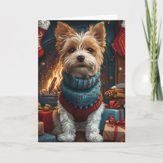 ワイヤーキツネテリア犬とクリスマスプレゼント暖炉 カード (正面)