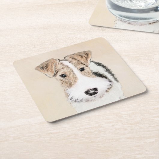 ワイヤーキツネテリア絵画ズ – かわいいオリジナルドッグアート スクエアペーパーコースター (アングル)