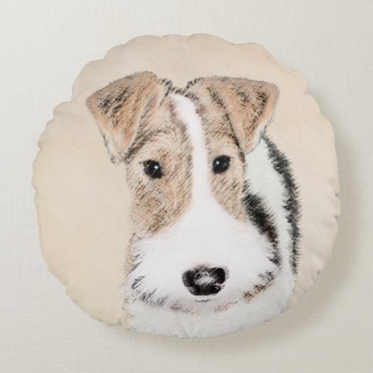 ワイヤーキツネテリア絵画ズ – かわいいオリジナルドッグアート ラウンドクッション (正面)