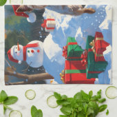 ワイヤーキツネテリア走ーのクリスマス帽子と雪 キッチンタオル (折り畳み)