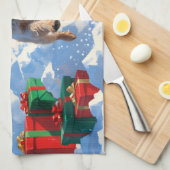 ワイヤーキツネテリア走ーのクリスマス帽子と雪 キッチンタオル (四つ折り)